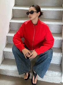 Plus Size Women's Casual Jacket, Red, Short Stand Collar, Commute, Vacation, Preppy Style, Loose Fit, Versatile Jacket - Red - View 4