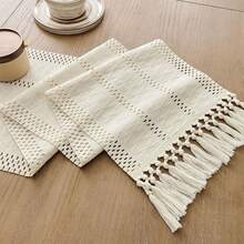 Khăn trải bàn phong cách Bohemian đan rỗng có tua rua, màu kem be macrame, trang trí mộc mạc kiểu nông trang cho bàn ăn - Màu trắng - Xem 3