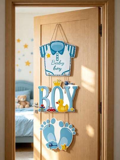 1Set-Baby Shower Paper Door Hanging Decor, Blue Bear Door Hanging Decoration, Footprint & Flower Pattern Door Decor, Blue Footprint Newborn Baby Boy Hanging Ornament, Creative Gift, BabyShower Photography Decoration