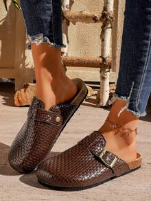 American Retro Women Dark Brown Woven Closed‑Toe Birken Mules,Backless Mule Slides, Slip‑On Lazy Shoes For Daily Commute And Vacation Outdoor - Brown - View 1