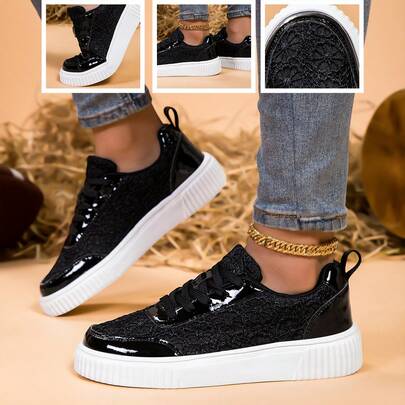 Women's Black Floral Mesh Sneakers, Elegant & Fresh, Breathable, Lightweight & Comfortable, Suitable For Commuting, Walking, Casual And Sports