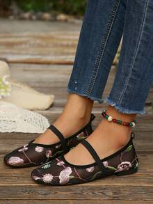 Embroidered Mesh Mary Jane Women's Shoes, Square Toe Elastic Strap Breathable Soft Sole Flat Shoes - Black - View 3