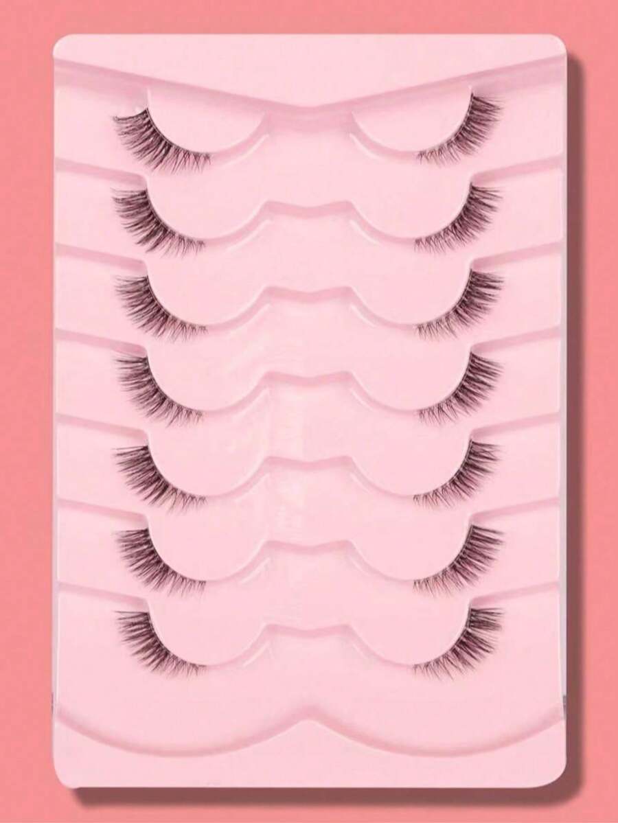 7 Pasang Bulu Mata Pendek Alami Model Cat Eye Crisscross dengan Pita Transparan - Perlengkapan Makeup Harian - Hitam - View 1