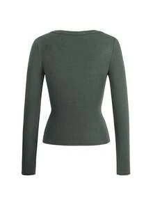 GLAMSKIN Women's Summer/Autumn Basic Striped Contrast Trim V-Neck Long Sleeve Top, Back To School/Outing/Streetwear Casual - Grey - View 4