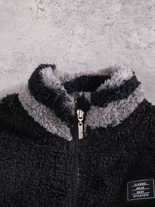 Boys' Casual Fashion Zipper Design Stand Collar Long Sleeve Jacket, Double-Sided Fleece, Autumn/Winter - Black - View 3