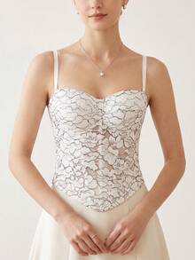 Fantasy Style Lace Corset Mesh Crop Top With Padded Cups, Camisole Tank Top With Fashionable Shoulder Straps, Backless Lace-Up Design, Suitable For Date, Party, Vacation, Banquet, White Summer Style - White - View 4