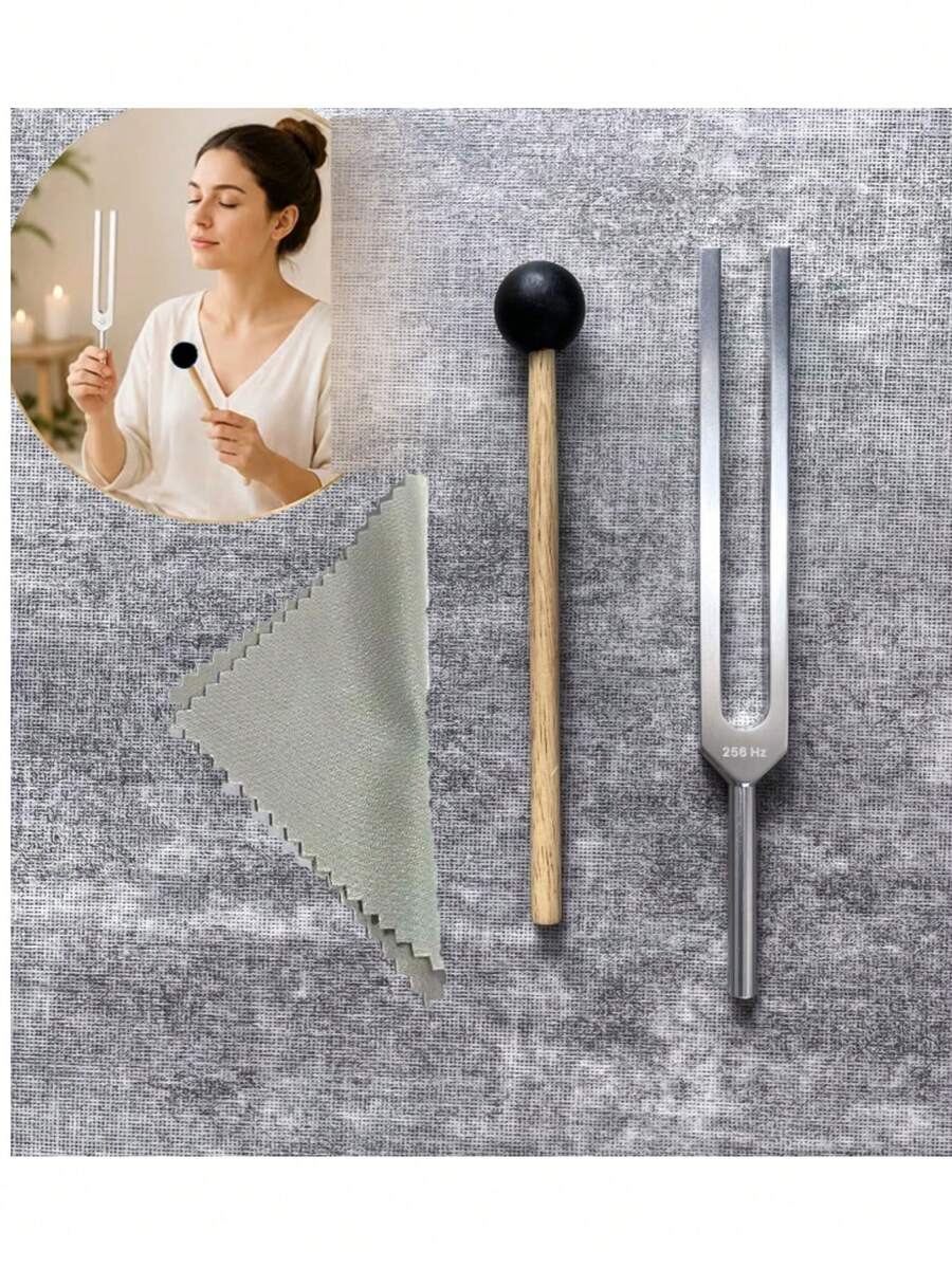 1 Set Alloy Tuning Fork Set 136.1Hz, 256Hz And 512C Portable Frequency Tuning Fork, Used For Yoga Meditation Relaxation Multi-Function Yoga Training Tool With Wooden Hammer To Produce Sound Standard Volume Includes Accessories - Silver - View 1