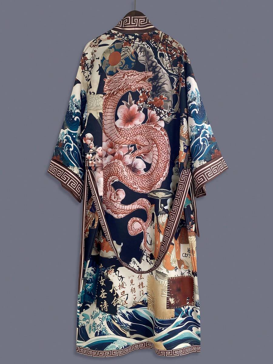 Mid-Length Kimono Yukata, Dragon Print, Waist Tie Design, Half Sleeve Open Collar Woven Fabric Robe - Black - View 1