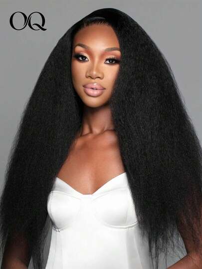OQ Hair Natural Color 9x6 Lace Bleached Knots Wear And Go Glueless Wig Kinky Straight Human Hair Wig 16‑30 Inch 200% Density Pre‑Cut Pre‑Plucked Melted Hairline Long Hair For Women Hangout Brunch Meet‑Up Weekend Getaway