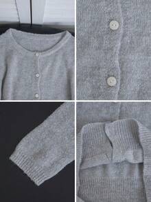 Autumn/Winter New Korean Style Casual Knit Cardigan, Sweet Grey Round Neck Open Front Soft Cropped Fitted Button-Up Solid Color Outerwear - Grey - View 10