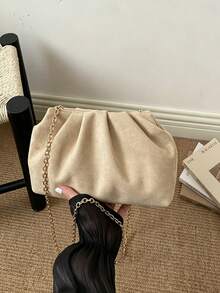 Women's Solid Color Gold Chain Strap Ruched Design Crossbody Shoulder Evening Clutch Bag, Elegant Style, Suitable For Party And Daily Wear, All Season - Khaki - View 2