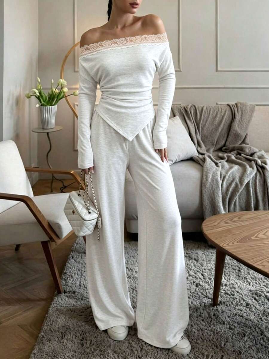 Grey Off-The-Shoulder Two Pieces Set, Lace-Edged Fitted Top + Elastic Waist Wide-Leg Pants Set, Suitable For Daily Wear - Light Grey - View 1