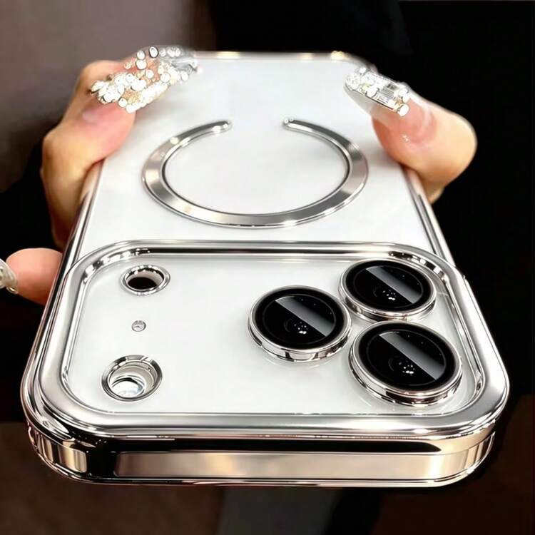 1pc Hadaasi Silver Transparent Phone Case, Compatible With IPhone 18pro/18promax/18/17pro/17promax/Apple Air/17/17E/16pro/16promax/16plus/16/16E/15pro/15promax/15plus/15/14pro/14promax/14plus/14/13pro/13promax/13/12pro/12promax/12/11promax/11, Magnetic Compatible With Electroplated Frame Protective Case, Built-In Camera Lens Protection, Anti-Yellowing Anti-Shock Soft TPU Phone Case, With Dust-Proof Bottom Mesh - Flowing Silver - View 2