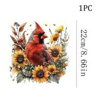 1/2/3pcs Cardinal Bird Sunflower Floral Heat Transfer Iron-On Patch, Autumn Flower Bird Plant Iron-On Sticker DIY Decoration For T-Shirt, Hoodie, Pillow, Fabric Bag - Multicolor - View 2