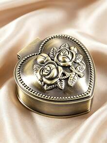 1pc Vintage Heart-Shaped Metal Jewelry Box, Embossed Rose & Floral Pattern Jewelry Storage Box, Suitable For Rings, Earrings, Wedding, Proposal, Valentine's Day Gift Box - Multicolor - View 5