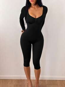 Casual Jumpsuit, Ruched Square Neck Long Sleeve Slim Fit, Women's Sportswear, Minimalist Daily Commute & Date Outfit - Black - View 2