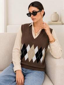 Women's Horizontal Striped Jacquard Knit Vest, V-Neck Sleeveless Sweater Fall - Coffee Brown - View 3