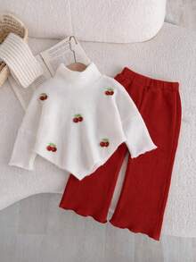 Baby Girl Autumn/Winter Sweet Cherry Knit 2 Pieces Set, High Neck Asymmetrical Top With 3D Cherry Applique, Paired With Red Ribbed Flared Pants, Soft Elastic Fabric, Festive And Sweet, Suitable For Daily Wear And 1st Birthday Photo Outfits - White - View 2
