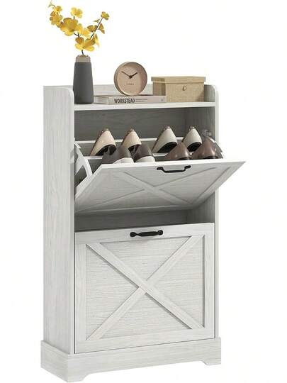 Slim Shoe Cabinet For Entryway 2 Flip Drawers Distressed White| Farmhouse Hidden Shoe Storage Cabinet, Adjustable Shelves, For 8 Pairs