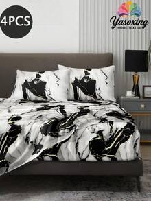 4-Piece White Black Gold Marble Pattern Bedding Set, Easy Care Soft Bedding Set, Customized Bed Sheet Set (1 Flat Sheet + 1 Fitted Sheet + 2 Pillowcases), King/Queen/Full/Double Size, Deep Pocket Up To 11.8 Inches, Back To School Dorm Bedding - Black and White - View 2