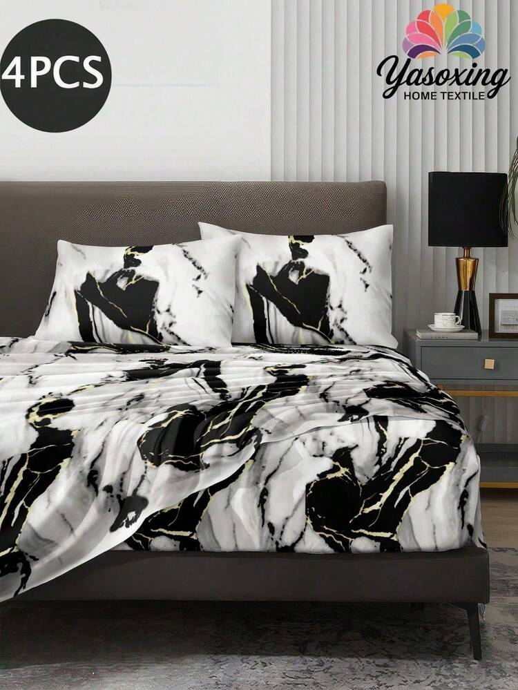 4-Piece White Black Gold Marble Pattern Bedding Set, Easy Care Soft Bedding Set, Customized Bed Sheet Set (1 Flat Sheet + 1 Fitted Sheet + 2 Pillowcases), King/Queen/Full/Double Size, Deep Pocket Up To 11.8 Inches, Back To School Dorm Bedding - Black and White - View 2