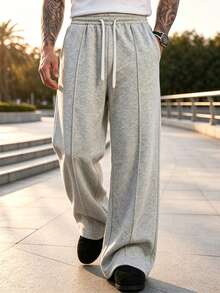 Men's Minimalist Solid Color Straight Leg Sweatpants - Featuring Drawstring Elastic Waist, Side Pockets, Made Of Fabric, Loose Fit Sports - Light Grey - View 10