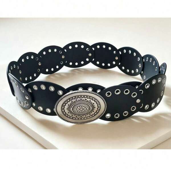 Y2K Hollow Carved Western Style Belt, Round Disc Bohemian Decor Women's Belt