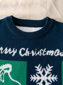 Boys Cute Christmas Snowflake & Plaid Pattern Crew Neck Long Sleeve Knit Pullover Sweater, Suitable For Christmas, Casual Wear, Spring, Autumn, Winter - Navy Blue - View 3