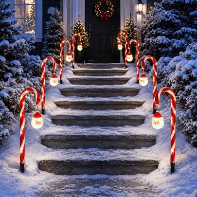 UMEUC 7/11-Piece Solar Santa Claus Candy Cane Garden Lights - 8 Flashing Modes, IPX6 Waterproof Outdoor Holiday Decor.Suitable For Yards, Residential Areas, Pathways, Sidewalks, And Driveways; Perfect For New Year's, Parties, Festive Occasions, And