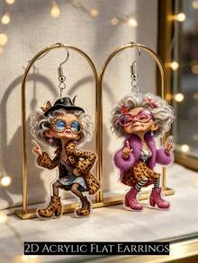 1 paire de boucles d'oreilles pendantes à la mode et mignonnes de grand-mère, en matériau acrylique plat. Accessoire quotidien et de fête, bijou à la mode, cadeau pour la fête des mères et les vacances, convient pour toutes les saisons - Grand-mère stylée - Voir 3