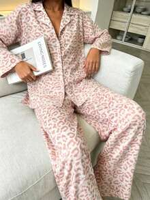 2pcs Women's Loose Leopard Print Casual Long Sleeve Top + Casual Long Pants Loungewear Pajama Set - Pink - View 7