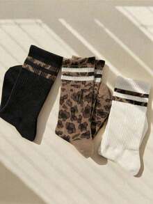 1/3/6 Pairs Women's Leopard Print Striped Mid-Calf Socks, Fashionable Classic Comfortable Soft Breathable, Versatile For Daily Wear, Suitable For All Seasons - Multicolor - View 8
