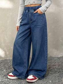 Girls' Elastic Waist Pocket Wide Leg Loose Casual Denim Jeans - Blue - View 1