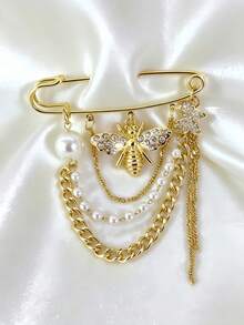 Attractive Bee Brooch With Anti Glare Pin Metallic Long Chain Brooch For Party Queens Retro Chain Tassel Lapel Pin To Match Up Gowns Fall Home Decor College Bathroom Travel Essentials Halloween Dorm Wall Wedding Office Back To School - One Size - View 14