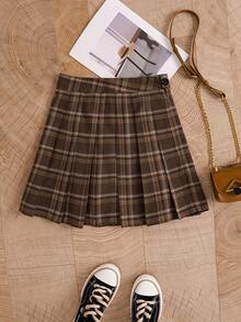 Women's Pleated Casual Plaid Skirt - Coffee Brown - View 1