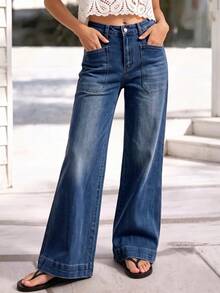 Celana Jeans Denim Stretch Wanita Model Lurus Longgar Terbaru, Gaya Kasual Musim Semi/Gugur - Dark Wash - View 3