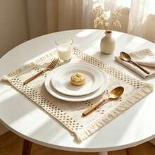 1/2/4pcs Bohemian Style Rhombus Woven Placemats, Tassel Lace Fabric Table Mats, Homestay Atmosphere Desktop Photography Props - Multicolor - View 3