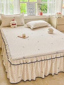 3-Piece Set Pastoral Style Floral Elephant Print Ruffle Bed Skirt Set, Black Contrast Piping Dust-Proof Bed Skirt Cover, Suitable For Dorm, Bedroom Bedding, Multiple Size Options, All-Season Use - Beige - View 6