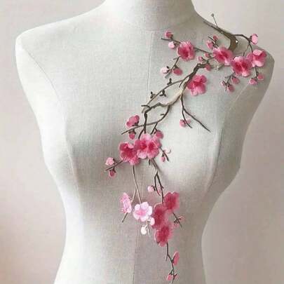 3pcs/Set Pink And Blue Plum Blossom Embroidered Fabric Patch Decorative Accessories, Handmade DIY Adhesive Patches, Includes 1 Large And 2 Small