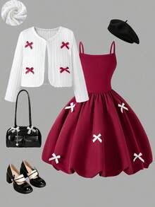 Young Girls 2 Pieces Set, New Autumn/Winter Vintage Spaghetti Strap Patchwork Bow Decor Puff Dress Princess Dress, Red Bow Ribbed Fuzzy Knit Cardigan, Fashionable Children's Outfit Suitable For Outdoor Wear - Burgundy - View 2