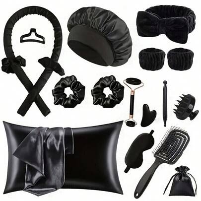 Juego de 18 piezas de herramientas de peinado para dormir, rizadores de cabello sin calor, rodillos para el cabello, 1 funda de almohada, 1 antifaz para dormir, 1 gorro para dormir, diadema y muñequera con diseño de mariposa, adecuado para peinar diversos estilos hermosos, regalo para temporada de graduación, Día de la Madre y boda