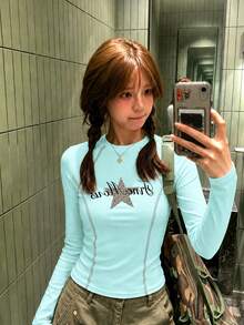 Autumn Slim Fit Round Neck Long Sleeve Women's T-Shirt, Niche Star & Letter Print Unique Mint Green Top - Mint Green - View 3
