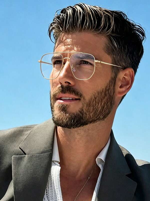 1 Pair Men's Double Bridge Aviator Plano Glasses, Shiny Gold Thin Metal Frame, Relieves Eye Fatigue, Vintage Fashion Clear Lenses, Suitable For Office, Business, Daily Wear, Study, Spring And Autumn