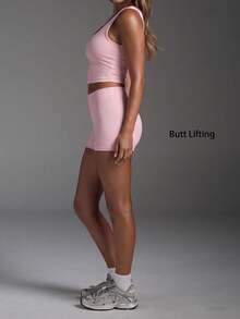 Women's Casual Backless Removable Padding Sport 2-Piece Set,U-Shaped Neck Solid Color Tank Tops,Skinny Basic High Waist Legging Shorts,For Yoga,Daily - Pink - View 9