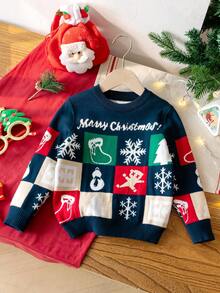 Boys Cute Christmas Snowflake & Plaid Pattern Crew Neck Long Sleeve Knit Pullover Sweater, Suitable For Christmas, Casual Wear, Spring, Autumn, Winter - Navy Blue - View 1