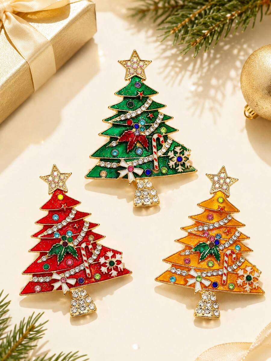 1pc Vintage Enamel Christmas Tree Brooch (With Colorful Rhinestone Star), Sparkling Holiday Accessory, Suitable For Party Outfits, Sweaters Or Coats, Christmas Gift - Multicolor - View 1