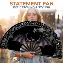 Halloween Gothic Bat Gargoyle Print Folding Hand Fan, Plastic Black Ribs Style 1pc, Dark Mysterious Style Decorative Cooling Fan, Suitable For Theme Parties, Daily Outings And Gothic Style Events - A - View 9