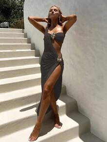 Elegant Sexy White 3-Piece Women's Bikini Swimsuit, Suitable For Spring And Summer, Beach Vacation, Party And Date - Khaki - View 3