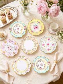 10pcs/60pcs/120pcs 7.28 Inch Floral Paper Plates, 6 Styles Gold Foil Rimmed Party Paper Plates, Pink/Blue/Yellow/White Flower Decor Paper Plates Suitable For Wedding, Bridal Shower, Birthday Tea Party, Paper Plates For Appetizers, Desserts, Snacks, Suitable For Large Gatherings - Multicolor - View 5