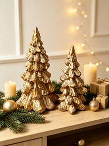 1 Set Vintage Metallic Gold Resin Christmas Tree Ornament, Desktop Christmas Decoration, Can Be Placed On Fireplace Mantel, Bookshelf, Coffee Table To Create Holiday Home Decor Atmosphere - 2pcs - View 3